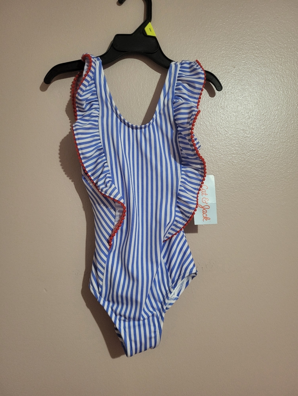 Cat & Jack Striped Ruffle One-Piece Swimsuit with Red Trim